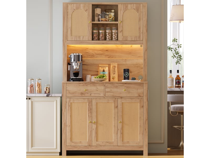Meuble de cuisine muvano, buffet haut avec 5 portes et 2 tiroirs, éclairage led et prises intégrées - Conforama D