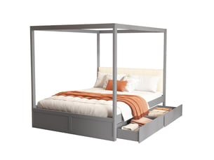 Lit baldaquin enfant 140 x 200 cm gris avec 2 tiroirs et tête de lit rembourrée