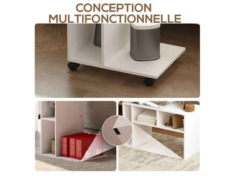  Table d'appoint en forme de c avec roulettes, 40 x 30 x 69 cm, avec 3 compartiments et 1 étagère ouverte, blanc  - Conforama D
