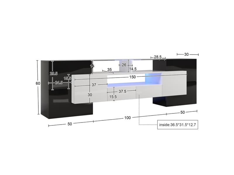  Meuble tv 200 x 35 x 60 cm, led, 4 portes, 2 tiroirs et 3 niches, design graphique, noir et blanc brillant, en mdf, rangement pour salon CARDUME ESTIVAL - Conforama C