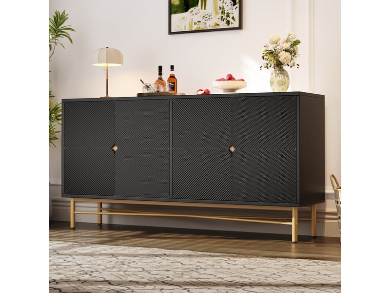  Buffet et enfilade avec 4 portes à fermeture douce, poignées dorées et pieds laqués pour salon, 160×40×82 cm, noir  - Conforama B