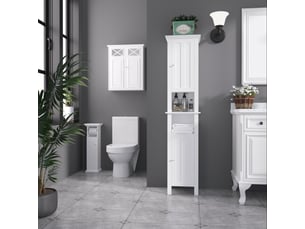 Meuble de salle de bain support papier toilette avec sortie papier en bois blanc et placard