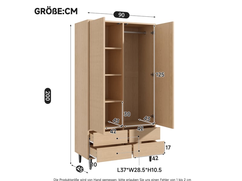  Armoire 2 portes 90x45x200 cm effet chêne clair avec miroir et 4 tiroirs  - Conforama C