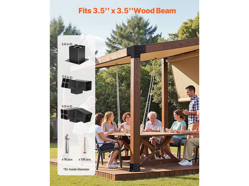 Vevor kit support de pergola, lot de 8, support de poteau bois 92x92 mm, supports deangle a 3 voies, avec 4 bases de poteaux, pour poutres bois standard a toit incline, banquet de fete en plein air - Conforama B