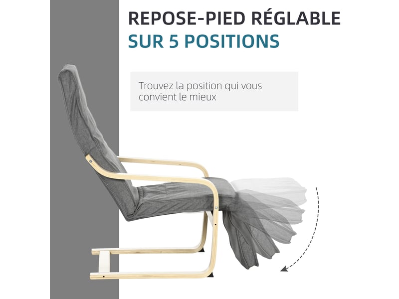  Fauteuil relax avec repose-pied réglable en bois massif et coton gris 94x66,5x100 cm  - Conforama D