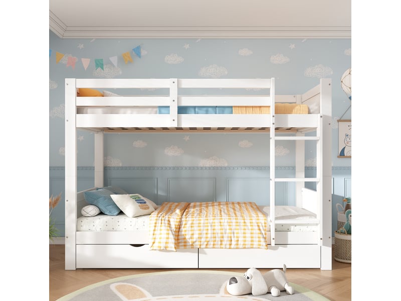  Lit superposé enfant 90x200 cm avec 2 tiroirs, transformable en 2 lits simples bois couleur blanc, sans matelas  - Conforama B