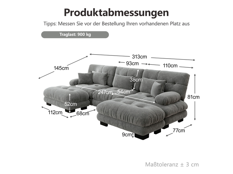 Canapé d'angle modulable en u 6 places en chenille gris avec ottoman - Conforama C