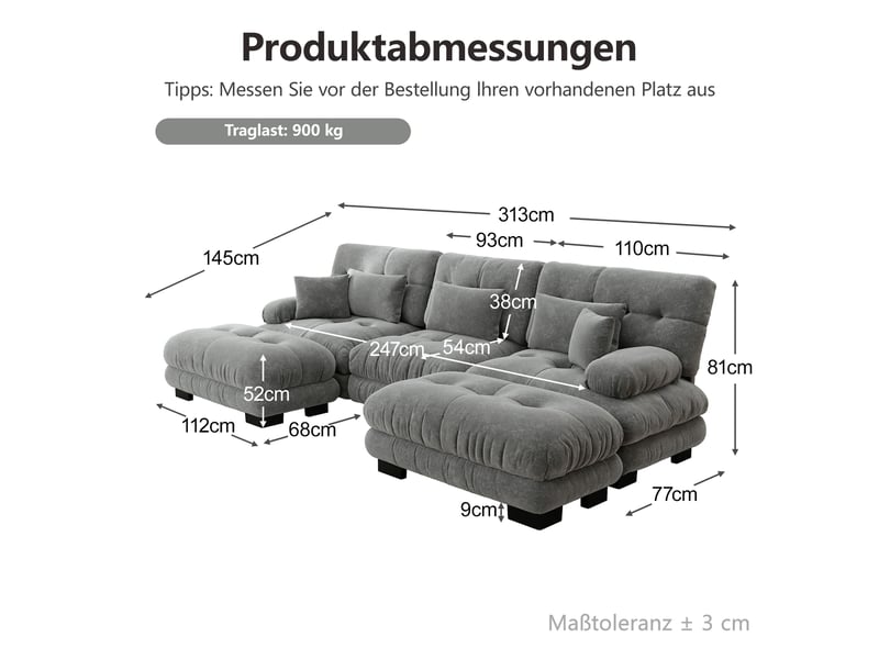  Canapé d'angle modulable en u 6 places en chenille gris avec ottoman  - Conforama C