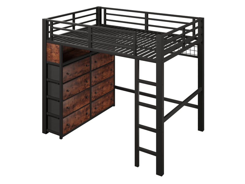  Lit mezzanine 140x200 cm, lit enfant, 8 tiroirs, panneau perforé, étagères, led, bois et métal noir  - Conforama B