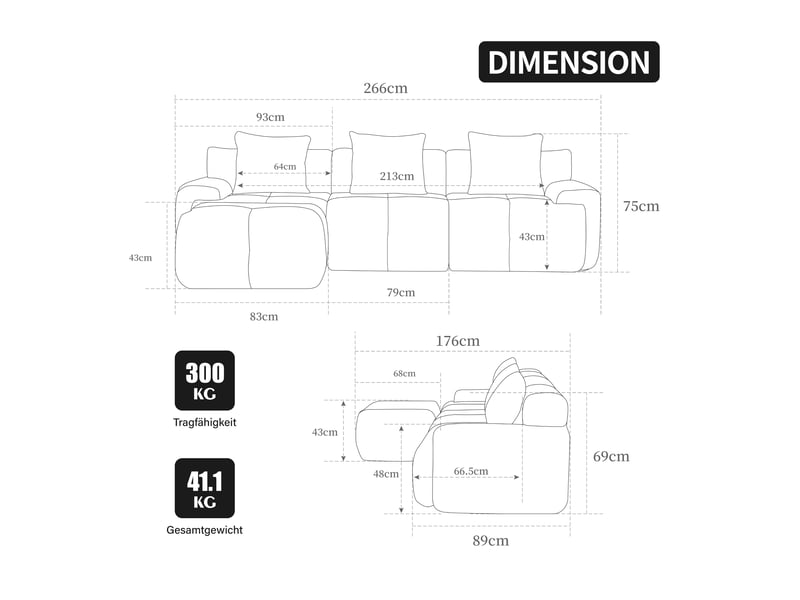 Canapé d'angle modulable 3 places en chenille kaki clair, 266 x 176 x 75 cm, sans montage, livré compressé, coussins inclus, pour le salon, mousse 30d CARDUME ESTIVAL - Conforama C