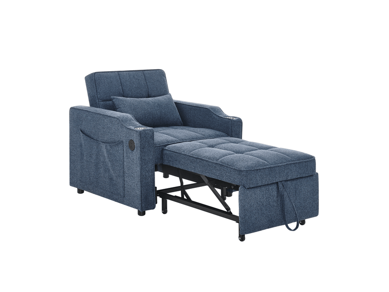  Fauteuil convertible 190 cm en bois et tissu 3-en-1 avec usb, usb-c et porte-gobelet bleu marine chicfurn  - Conforama A