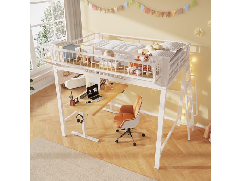  Lit mezzanine 140x200cm - lit double en métal avec étagère suspendue et échelle réversible pour ado et adulte - blanc  - Conforama B