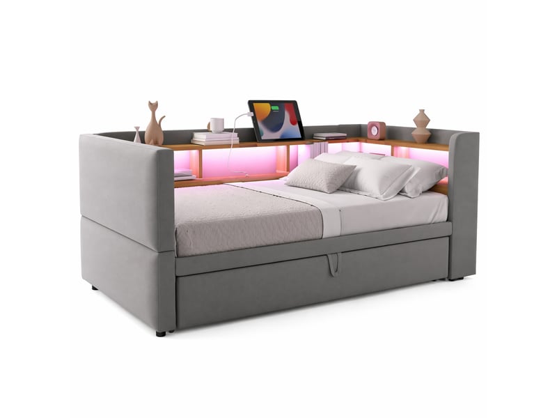 Canapé-lit gigogne 90180 x 190 cm avec led, prises et rangements, gris clair - Conforama A