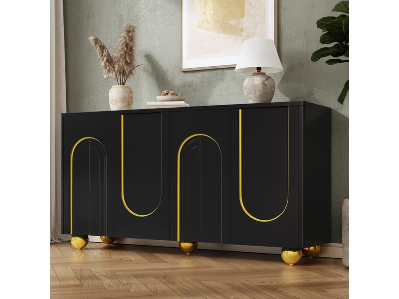  Buffet noir 4 portes meuble rangement salle à manger mdf étagères fixes pièces métal 140x40x74 cm  - Conforama E