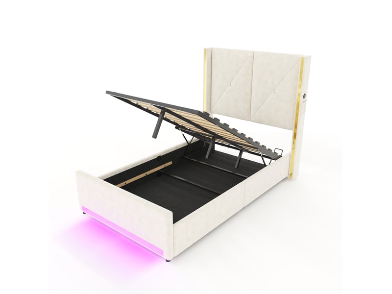  Lit coffre enfant 90x200 cm en velours beige avec led, usb et usb-c  - Conforama E