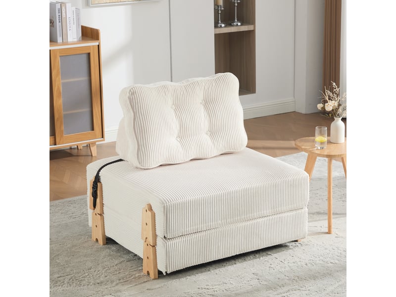  Fauteuil convertible 1 place - 90x86x84cm - chauffeuse pliable en lit d'appoint tissu velours côtelé et bois - beige  - Conforama C