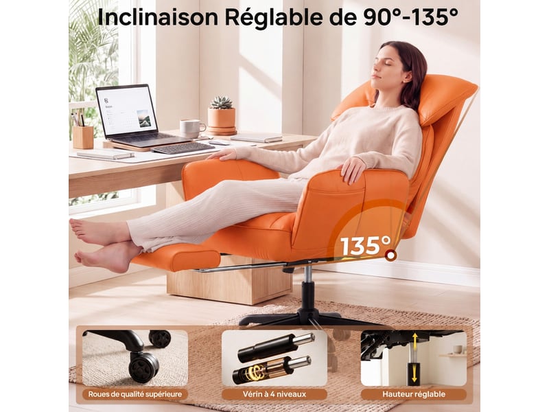  Dowinx fauteuil gaming ergonomique couleur orange avec massage, ressorts ensachés, réglages multiples, revêtement en similicuir pu, grand format  - Conforama B
