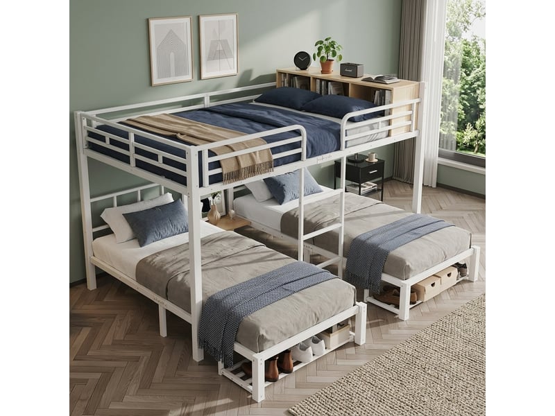  Lit superposé familial 140x20090x200 cm, 3 couchages, étagère, range-chaussures, échelle, structure métal, blanc OMNIGLINT TRADING LTD - Conforama E