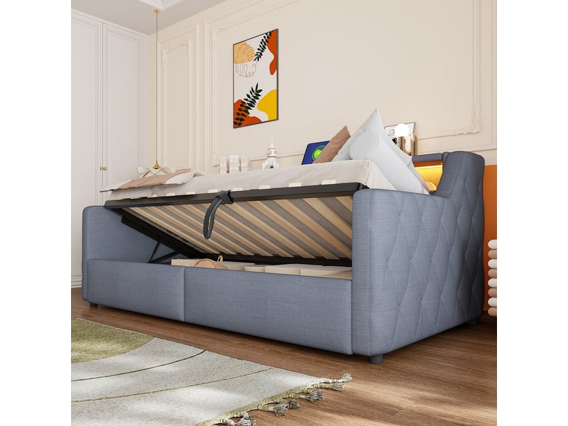  Lit banquette simple 90x200 cm en lin gris avec coffre hydraulique, led, usb et type-c, sans matelas  - Conforama C