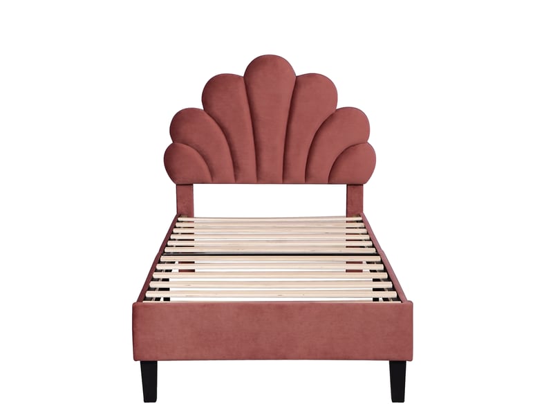  Lit enfant 90x200 cm en velours rouge haricot, tête de lit fleur, sommier à lattes, lit d’appoint  - Conforama A