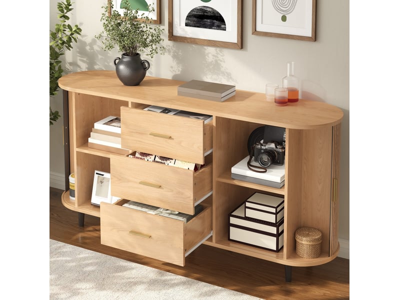  Buffet 160 cm en mdf coloris naturel avec 3 tiroirs et portes coulissantes  - Conforama E