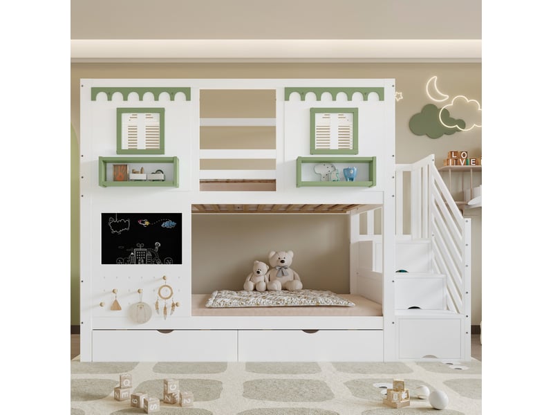  Lit superposé enfant 90x200 cm avec rangement, étagères, crochets, chambre d'enfant, mdf, blanc et vert sans matelas  - Conforama D
