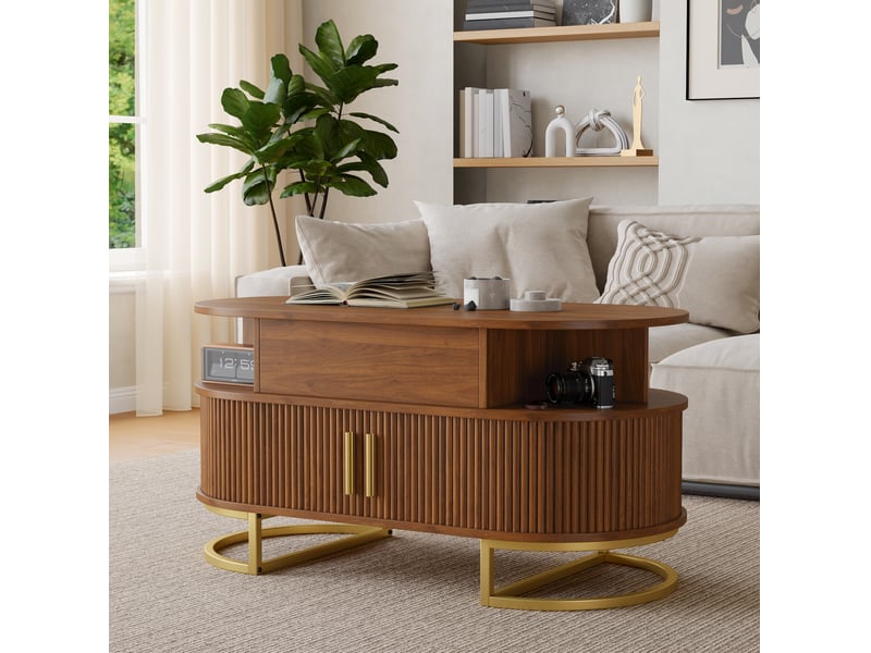 Table basse ovale 100x50x64 cm plateau relevable rangement mdf coloris noyer - Conforama B
