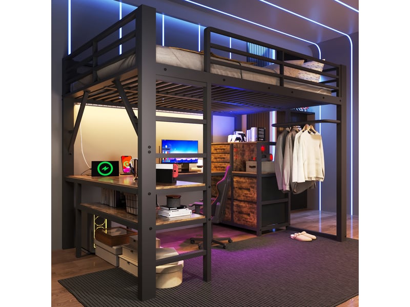 Lit mezzanine 140x200 cm - éclairage led - usb et usb-c - grand rangement - bureau intégré - sommier à lattes - 7 tiroirs - noir et marron CozyNest - Conforama B