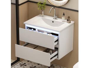 Meuble sous vasque suspendu avec lavabo intégré, 2 tiroirs et led à capteur, salle de bain, blanc, 61 × 46 × 45 cm