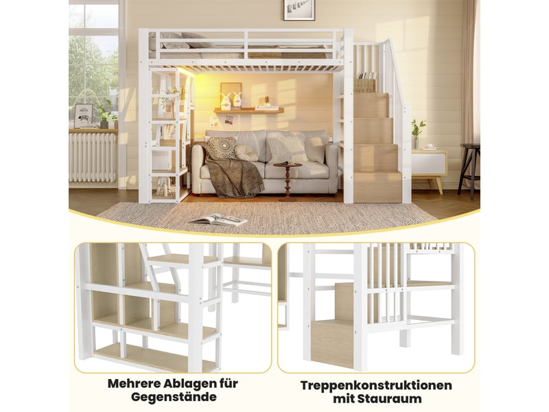  Lit surélevé 90 x 200 cm blanc, led, marches intégrées, garde-corps, échelle, sans matelas, métal et mdf  - Conforama E