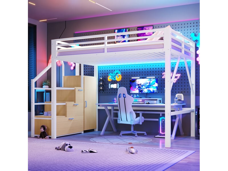  Lit mezzanine 140x200 cm, rangements, placard, escalier led, garde-corps sécurité, métal et mdf blanc sans matelas  - Conforama D