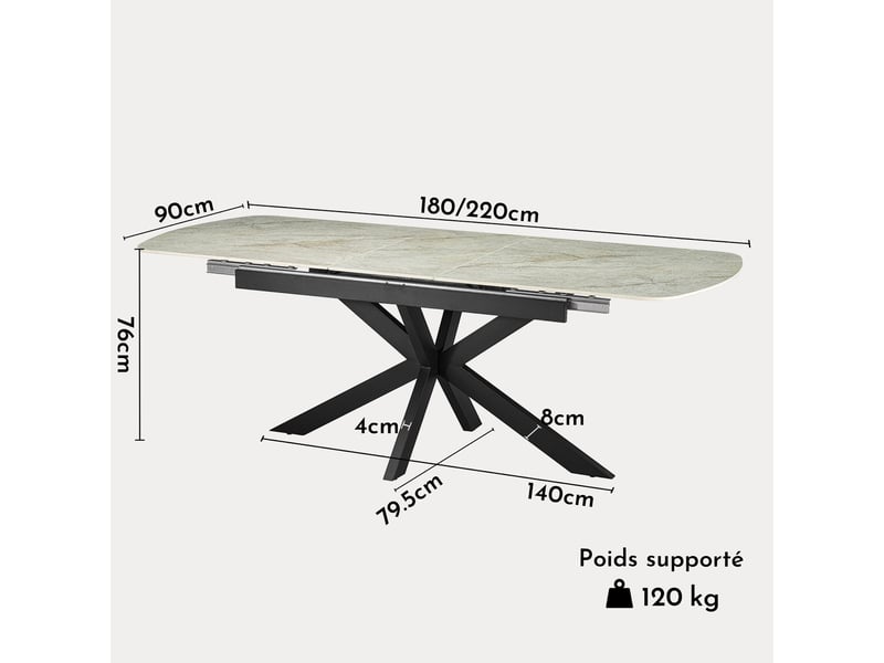 Hestia - table extensible rectangulaire en pierre frittée beige pieds en métal noir 180-220 cm HESTIA-BEI - Conforama E