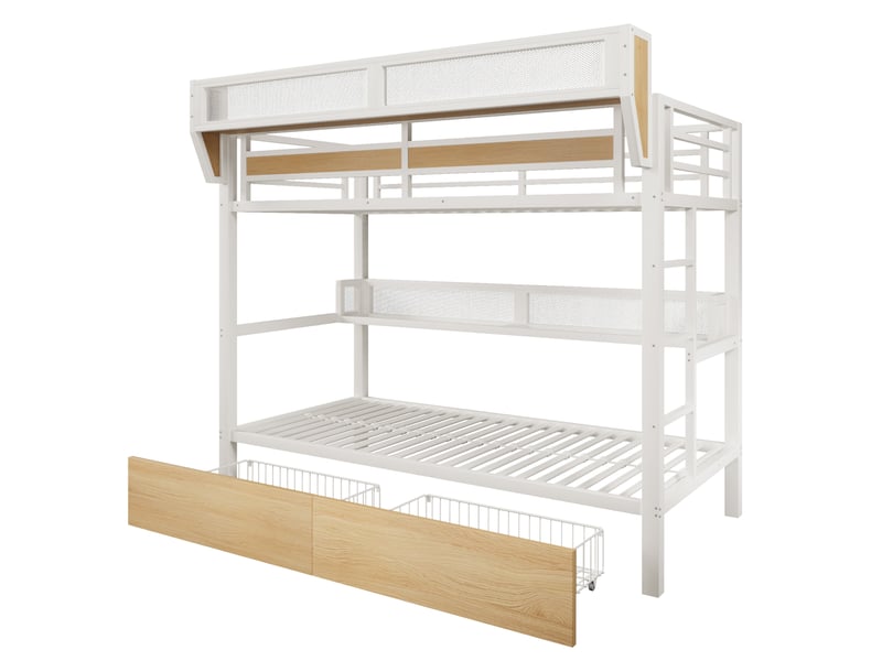 Lit superposé 90 x 200 cm blanc en métal et mdf, 2 tiroirs, rangements et bande led multicolore réglable - Conforama D