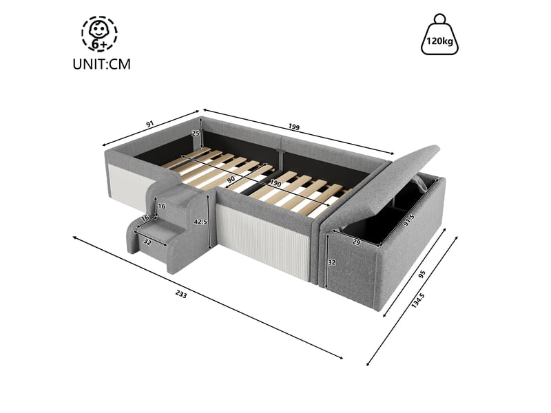  Lit enfant 90x190 cm rembourré en bouclé gris, avec petite échelle, banquette coffre de rangement mobile, barrières de sécurité et design confortable  - Conforama D