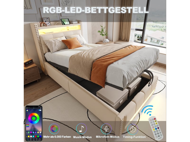  Lit coffre enfant 200×90 cm avec led, port usb et rangements en tête de lit, revêtement en lin beige et gris  - Conforama E