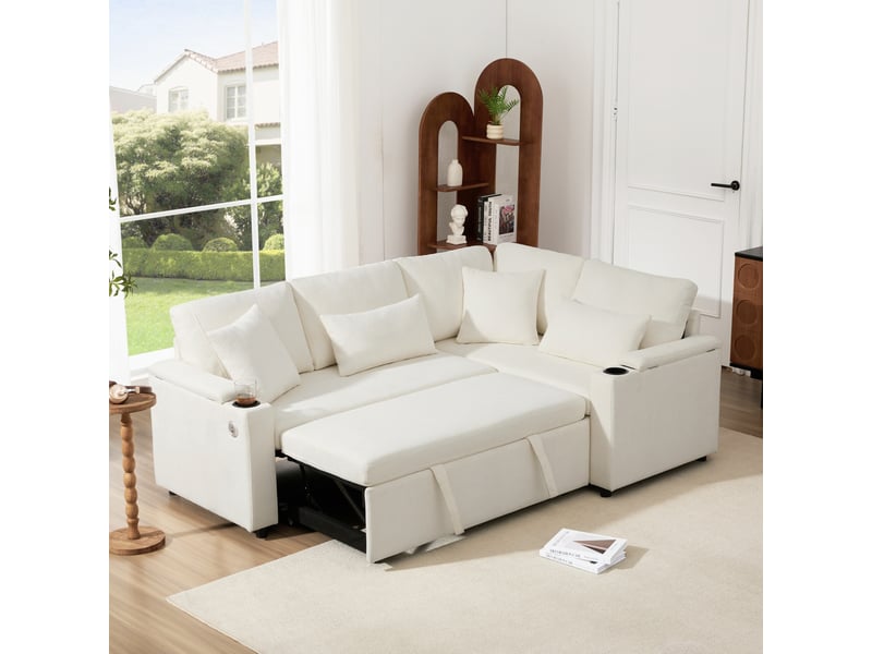  Canapé d’angle convertible 206,5x141x86 cm en chenille avec rangement et port usb beige chicfurn  - Conforama B