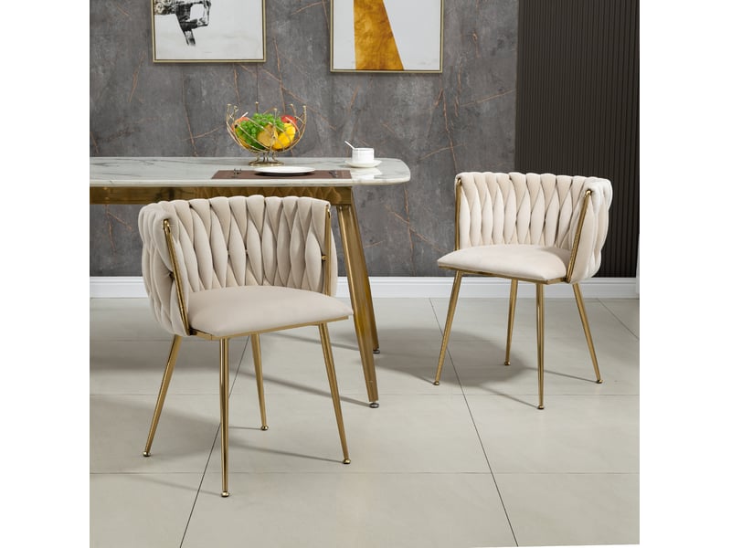  Lot de 2 chaises de salle à manger 55,5x41x74 cm, dossier arrondi, pieds métalliques, tissu velours, coloris ivoire, style tressé  - Conforama D