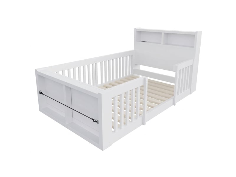  Lit enfant 90x190 avec barrière de sécurité, usb, veilleuse et rangement en bout de lit sans matelas  - Conforama A