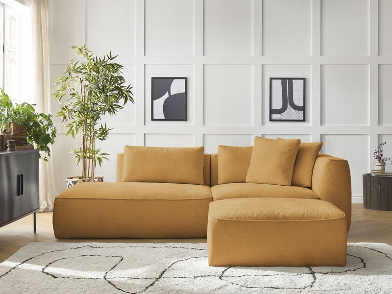  Bobochic canapé droit fixe 3 places leopold tissu texturé avec pouf jaune  accoudoir droit LEOPOLD - Conforama D