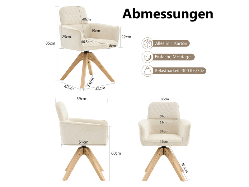  Chaise de salle à manger 2 pièces tissu à motif losange crème chaise repas pivotantes à 360° style wabi-sabi pieds en bois massif structure de soutien carrée  - Conforama C