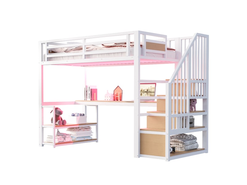 Lit mezzanine 90 x 200 cm, avec led, prise, échelle, étagères, table, barrière, fer, blanc - Conforama A