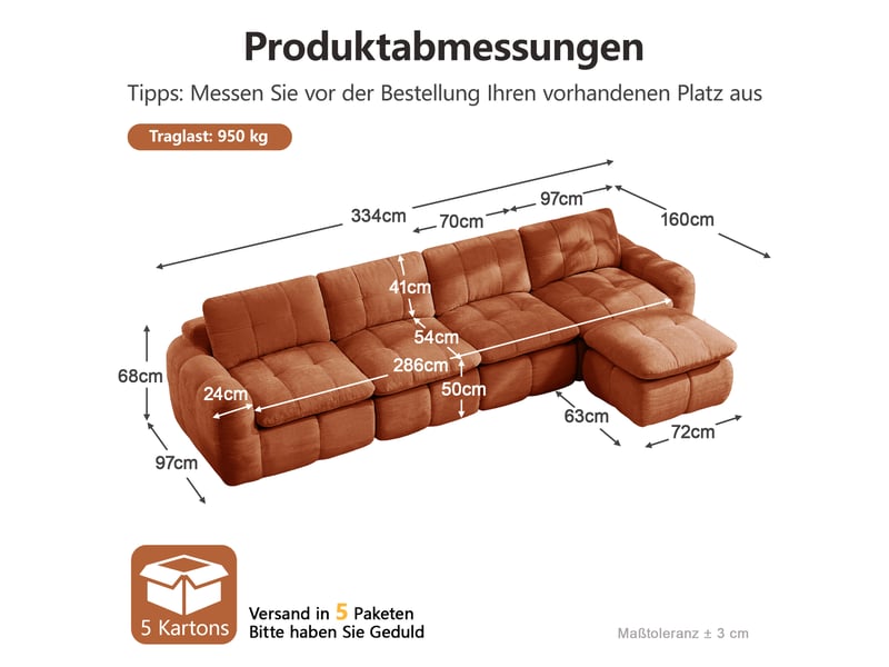 Canapé d'angle en l 4 places sans cadre, canapé modulaire, housse chenille orange, sans montage, 1 pouf pour salon et appartements - Conforama C