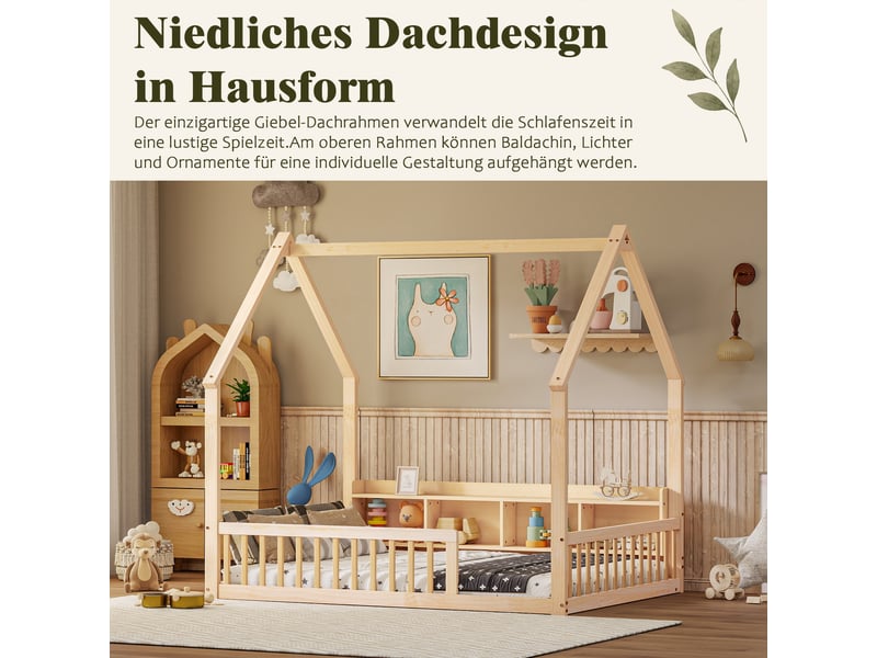  Lit cabane 140x200 cm, lit pour enfant, pin massif, avec des compartiments de rangement et des étagères, barrières, naturel  - Conforama C