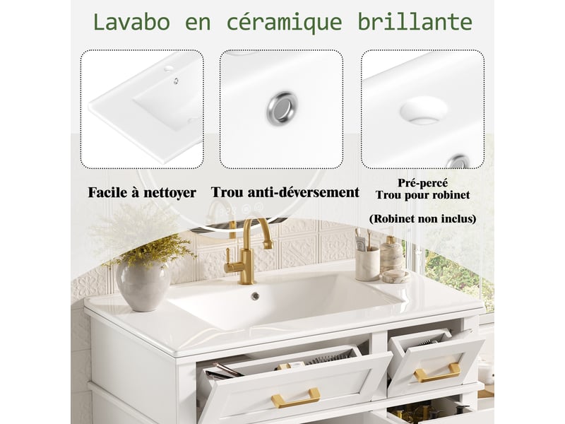  Meuble sous vasque avec tiroirs, portes et fermeture douce pour salle de bain en mdf blanc 76×46,5×86 cm  - Conforama E