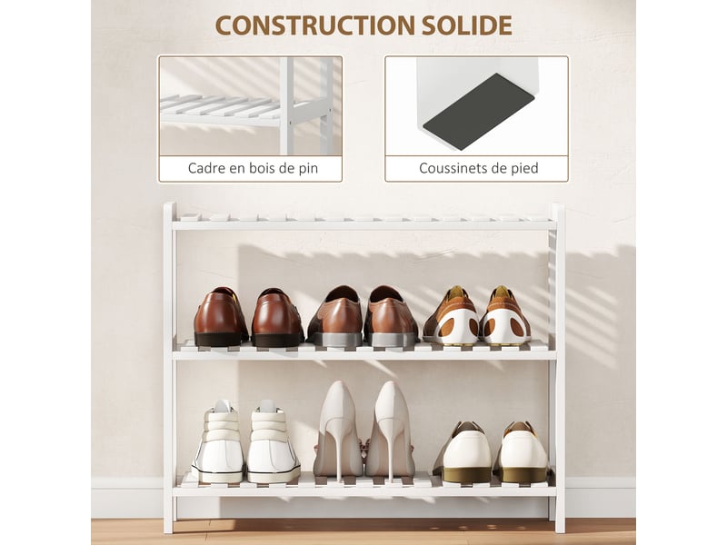  Étagère à chaussures, porte-chaussures 3 niveaux, étagères à lattes, blanc, en bois de pin， 70 x 26 x 57,5 cm  - Conforama R