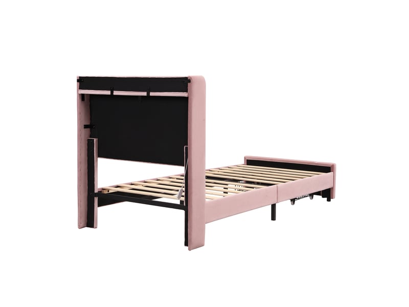  Lit enfant rembourré 90x200 cm rose avec tiroir, tête de lit ondulée et led app  - Conforama E
