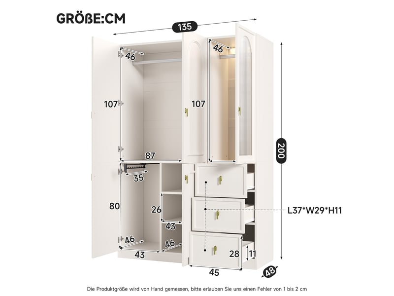 Armoire 135 x 48 x 200 cm avec éclairage led, 5 portes, 3 penderies et 3 tiroirs, grand meuble haut à portes battantes moderne pour chambre ou chambre d’enfant - blanc OPULERANE TRADING LTD - Conforama D