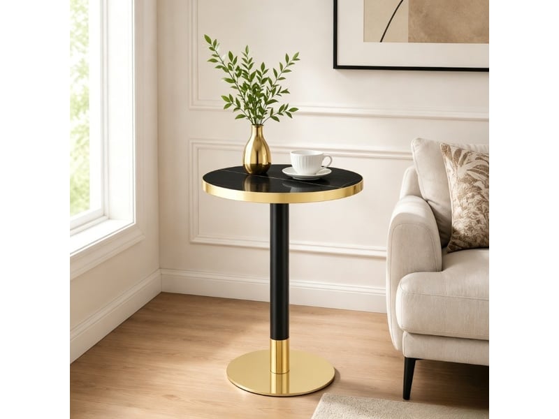  Table basse ronde avec plateau effet marbre et bord doré, piètement métal noir, pour salon, ø 60 cm × 73,7 cm  - Conforama C