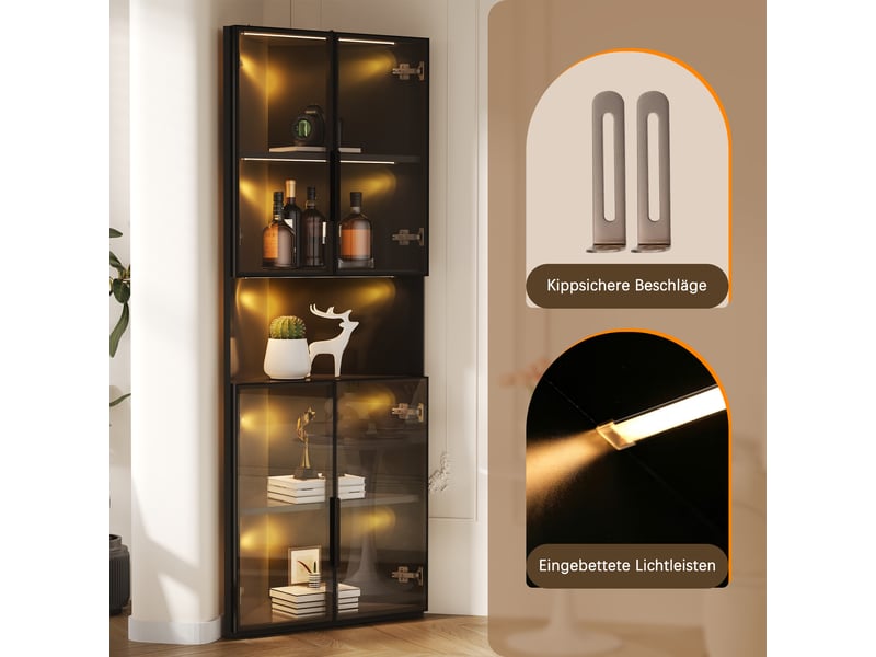  Vitrine d'angle noire 62x32x160cm, vitrine avec éclairage led jaune chaud, meuble de présentation en verre trempé pour salon.  - Conforama E