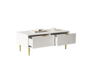 Table basse blanche et dorée avec 2 tiroirs design rayures 100x50x40 cm mdf